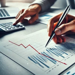 Hand holding a pen pointing at a downward-trending line graph, symbolizing decreasing interest rates. A calculator and laptop on a modern desk suggest financial analysis. Learn how to negotiate lower interest rates with private lenders for better loan terms.