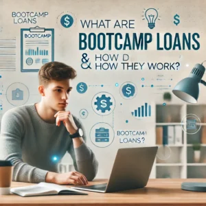 A focused student sitting at a desk with a laptop, reviewing financial documents related to bootcamp loans. The background includes graphs and dollar symbols, symbolizing financial planning for education.