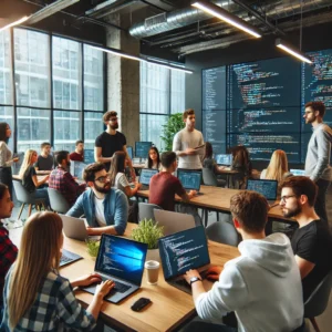 A diverse group of students in a modern coding bootcamp, collaborating with instructors and using laptops in a high-tech learning environment discussing the bootcamp loan policies 2025.