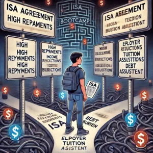 Illustration of a young coding student at a crossroads, choosing between an 'ISA Agreement' path with financial traps like 'High Repayments' and 'Debt Burden' and an 'Alternative Financing' path with better options like 'Scholarships' and 'Employer Tuition Assistance.' Highlights the hidden risks of Bootcamp ISAs and their long-term impact on students.