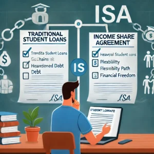 Student reviewing an Income Share Agreements (ISA) on a laptop, weighing options between traditional student loans and ISA benefits, symbolizing financial decision-making in education.