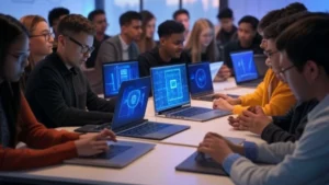 Diverse students at laptops with digital shields, breaking a financial barrier in cybersecurity bootcamps flexible payment options, 2025.