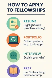 Infographic with four tips for applying to free coding bootcamp fellowships: resume, portfolio, interview, and prep.