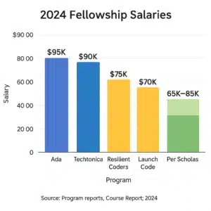 Stacked bar chart showing 2024 salaries for free coding bootcamp fellowships, ranging from $65,000 (Per Scholas) to $95,000 (Ada).