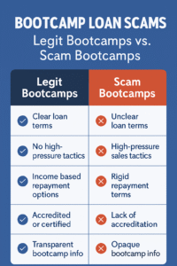 Comparison chart illustrating the difference between legit programs and bootcamp loan scam tactics, highlighting traits like transparency, accreditation, and ethical financing.