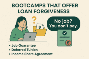 Bootcamps that offer loan forgiveness in 2025—infographic showcasing top coding bootcamps with job guarantees, deferred tuition, and ISAs.