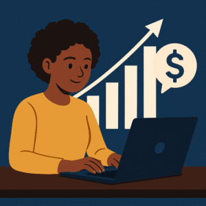 A young African American woman working on a laptop with a rising graph and dollar symbol, representing financial empowerment and success.