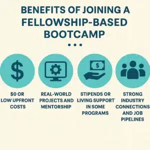 Infographic highlighting the benefits of free coding bootcamp fellowships, including skill development, mentorship, job placement support, and networking opportunities.