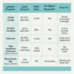 Infographic comparing bootcamp loans for international students, highlighting loan amounts, interest rates, repayment terms, and co-signer requirements for lenders like Climb Credit, Ascent Funding, and more.
