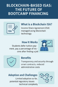 Infographic illustrating blockchain ISA bootcamp model, highlighting smart contracts, transparency, decentralized funding, and how it transforms student financing.
