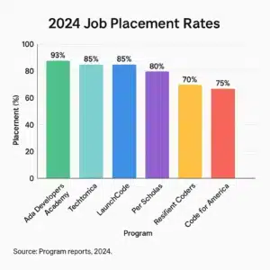 Bar chart comparing 2024 job placement rates for free coding bootcamp fellowships, from Ada (93%) to Resilient Coders (70%).