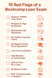 Checklist infographic showing 10 warning signs of a bootcamp loan scam, including vague contracts, pressure tactics, and hidden fees to help students spot fraud.