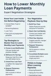 Infographic explaining how to lower monthly loan payments through refinancing, extending loan terms, improving credit score, and debt consolidation strategies.