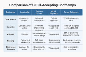 Infographic comparing top bootcamps that accept the GI Bill, including course length, tuition coverage, and benefits for veterans and military spouses.