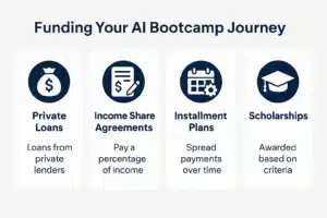 Infographic explaining AI Bootcamp Loan Opportunities, highlighting funding sources, repayment options, and financial aid tips for aspiring AI professionals.