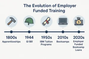 Timeline of employer funded training from apprenticeships to bootcamp loans.