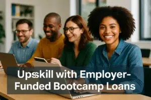 Diverse professionals learning through employer funded bootcamp loans in a modern classroom.