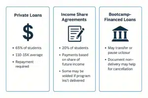 Infographic comparing types of coding bootcamp loans for school closure scenarios.