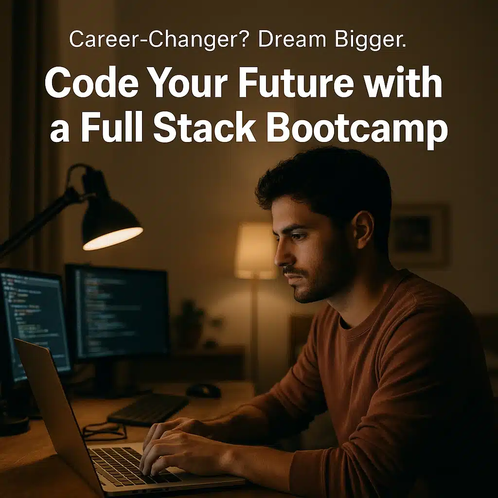 Young adult learning coding at home during a full stack bootcamp, focused on laptop with a tech setup in a cozy room.