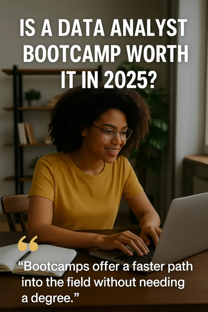 Young professional studying online in a cozy home setting, representing the flexibility and career potential of a data analyst bootcamp in 2025.