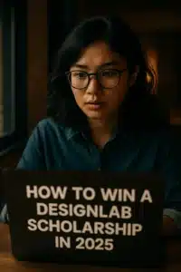 A young Asian woman smiling confidently, representing a successful applicant of the DesignLab Scholarship, captured in a cinematic and realistic style.