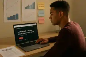 A student researching Lambda School ISA on a laptop, with an Income Share Agreement document on the desk and career growth charts in the background, symbolizing coding education and career goals.