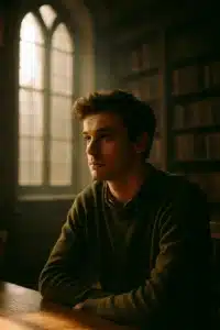 A thoughtful young man sits in a library, contemplating options for Flatiron School financing, with shelves of books and arched windows in the background.