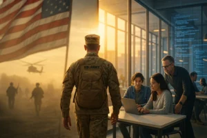 A U.S. military veteran walks confidently from a battlefield into a modern tech hub with holographic coding screens, symbolizing transition through GI Bill Coding Bootcamp.
