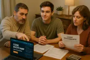 Parents discussing bootcamp loans for parents with their young adult child at a kitchen table, reviewing loan documents and a coding bootcamp brochure on a laptop in a modest home setting.