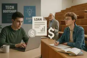 Split-screen image showing Bootcamp Loans vs. Traditional Student Loans: a coding bootcamp student working on a laptop contrasted with a college student in a lecture hall, highlighting cost and loan differences.