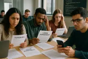 Worried students at a coding bootcamp reading tuition bills and loan agreements, highlighting the risk of default on a bootcamp loan and financial stress in tech education.