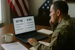 A military veteran compares VET TEC and GI Bill options on a digital screen, evaluating the best choice for Military-Friendly Bootcamp Loans in a modern home office setting.