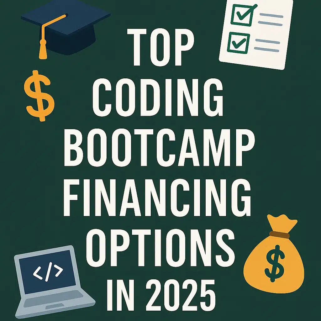Illustration of a diverse young adult researching coding bootcamp financing options on a laptop, surrounded by visuals of loans, ISAs, scholarships, and career change pathways in 2025.