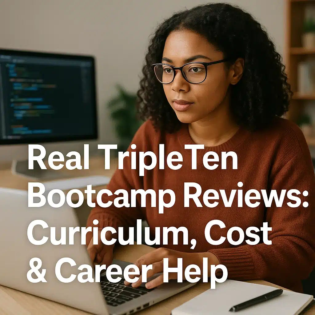 AI generated picture of a Focused adult learner attending an online TripleTen bootcamp Reviews in 2025, coding on a laptop with study materials and headphones in a modern home workspace.