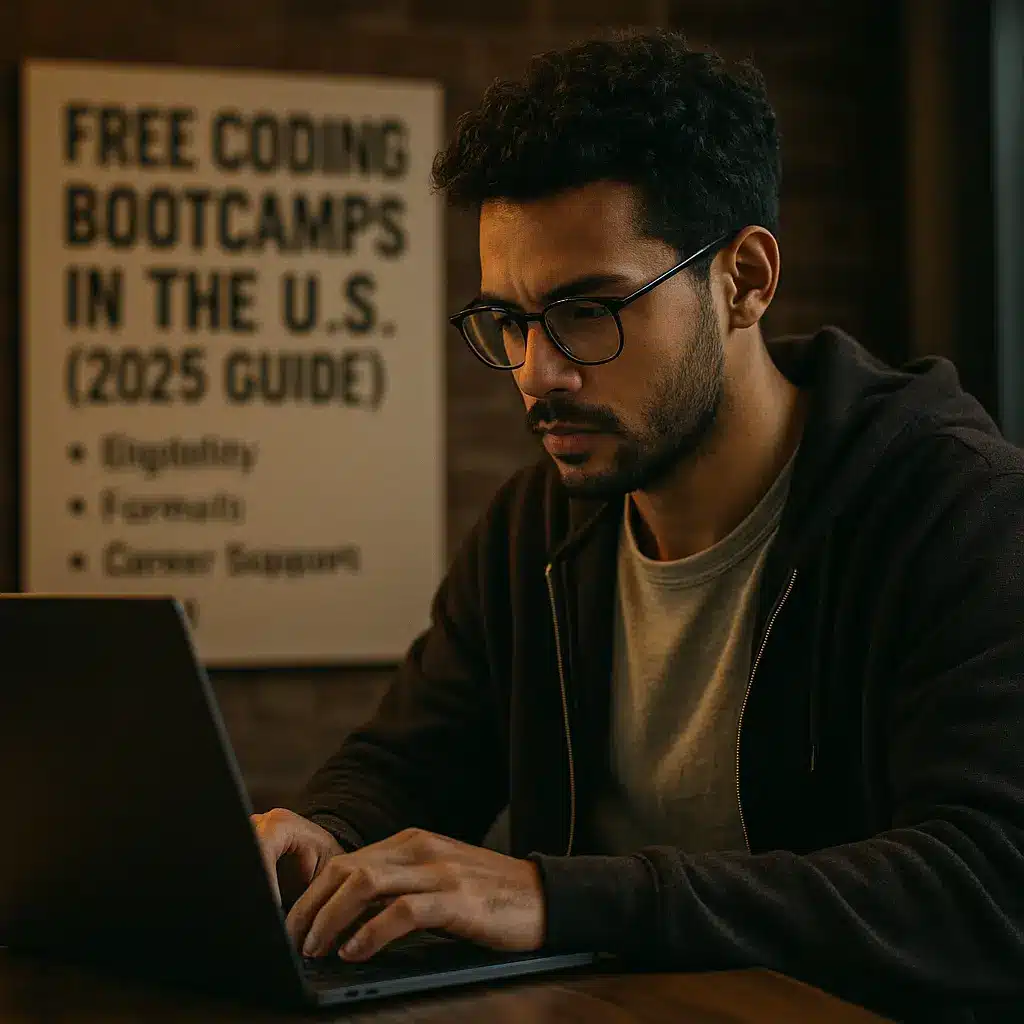AI generated picture of a Young man attending a free coding bootcamp in the U.S. in 2025, focused on learning JavaScript and Python on a laptop in a modern classroom setting.