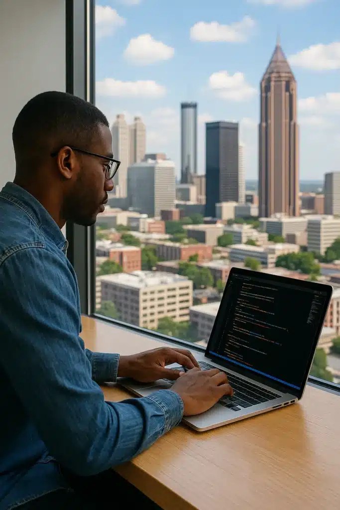 Student coding on laptop in a bootcamp for web development Atlanta with Atlanta skyline view, 2025.