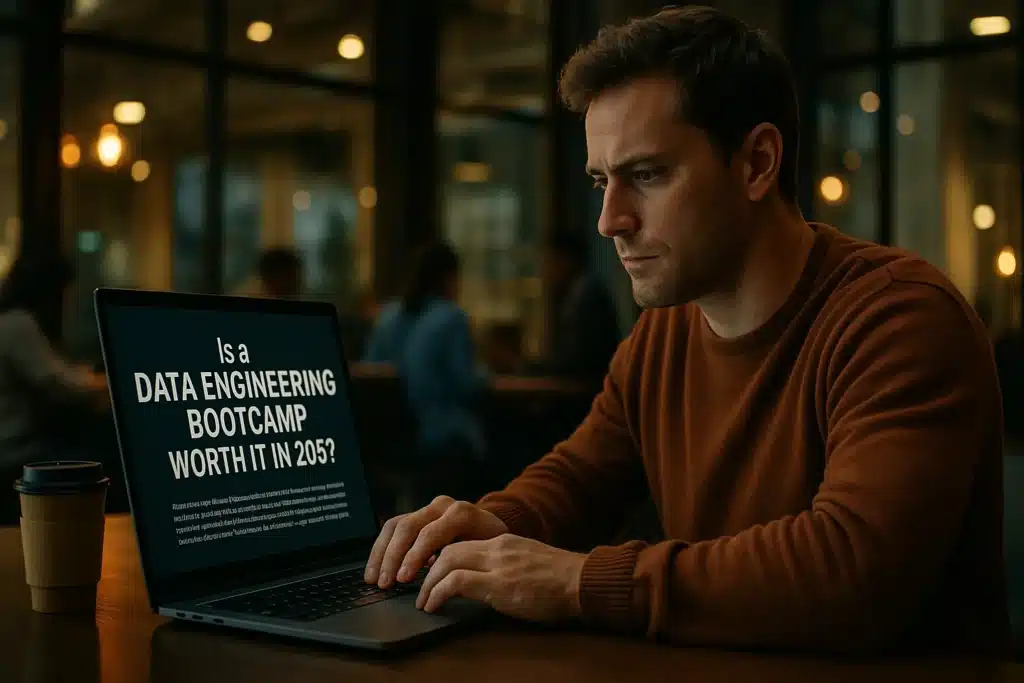 AI generate picture of a Aspiring data engineer studying in a modern workspace with multiple monitors displaying code and cloud infrastructure tools, symbolizing career transition through a data engineering bootcamp in 2025.